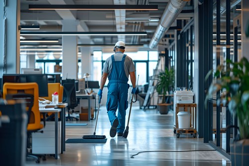 a worker cleaning the workplace to help with the health regulations of the workplace.