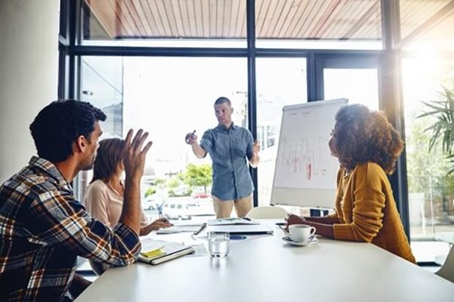 meeting with employees in front of a whiteboard discussing employee wellbeing support for their organisation in an attempt to reduce workplace stress.