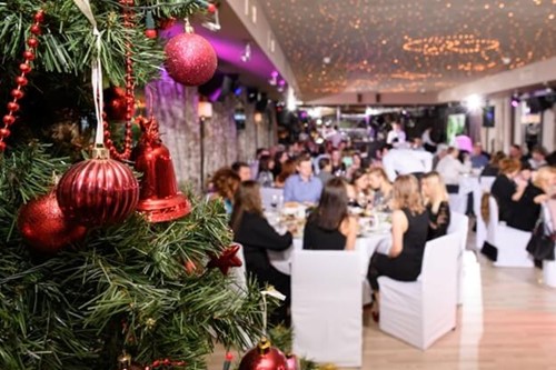 A group of employees attending their workplace Christmas party at a venue.