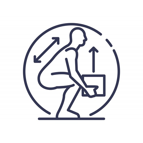 A line graphic depicting a person picking up a box using correct manual handling technique.