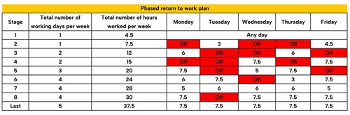 Return-to-work phased return table example spreadsheet