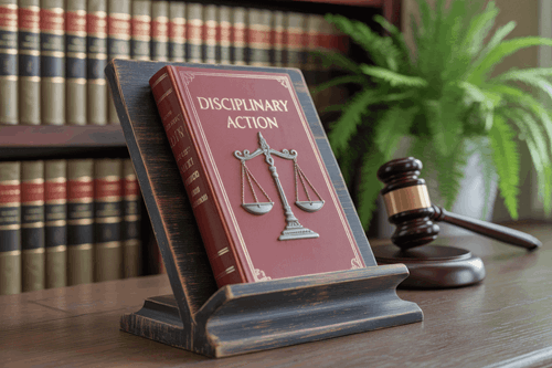 book in library with disciplinary action written on front of it